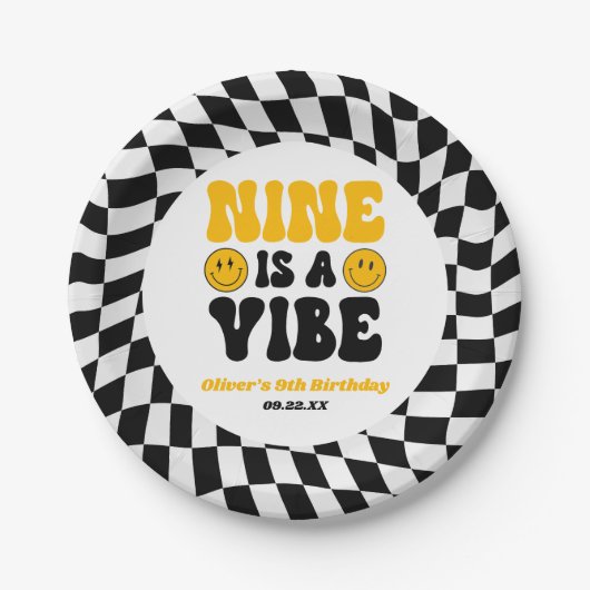 Nine Is A Vibe Retro Ninth 9th Birthday Party ペーパープレート (正面)
