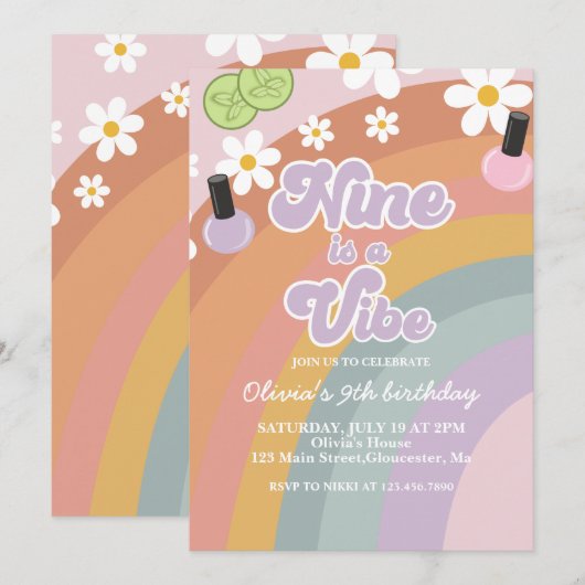 Nine is a vibe Spa レインボー9歳の誕生日 招待状 (正面/裏面)
