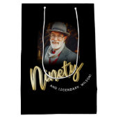 Ninety gold script and custom photo 90th birthday ミディアムペーパーバッグ (裏面)