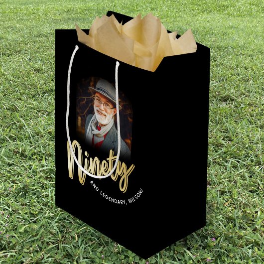Ninety gold script and custom photo 90th birthday ミディアムペーパーバッグ