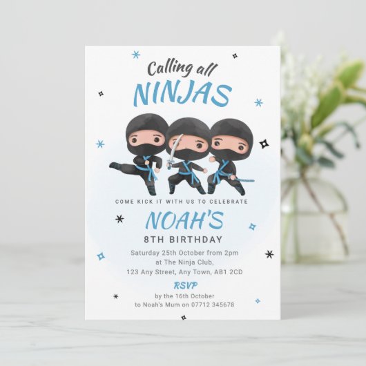 Ninja Birthday Invitation - Blue Karate Party 招待状 (スタンド正面)