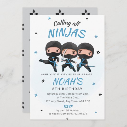 Ninja Birthday Invitation - Blue Karate Party 招待状 (正面/裏面)