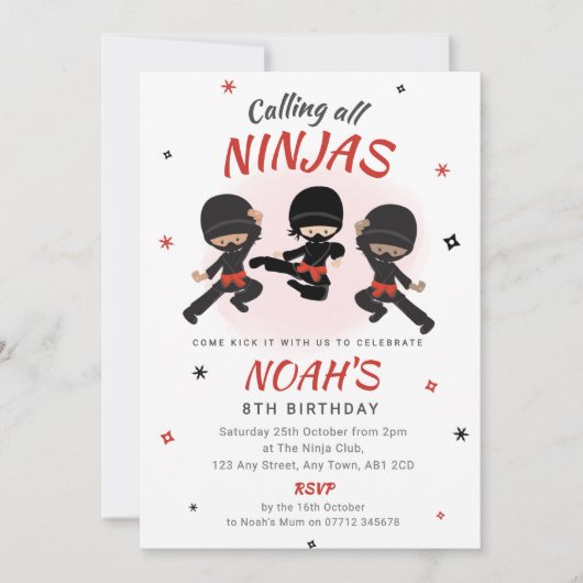Ninja Birthday Invitation - Red Karate Party 招待状 (正面)