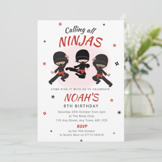 Ninja Birthday Invitation - Red Karate Party 招待状 (スタンド正面)