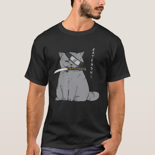 Ninja Cat with Samurai Sword in Mouth Tシャツ (正面)