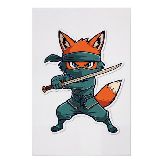 Ninja Fox Poster – Cute Fox Kids Wall Art ポスター (正面)