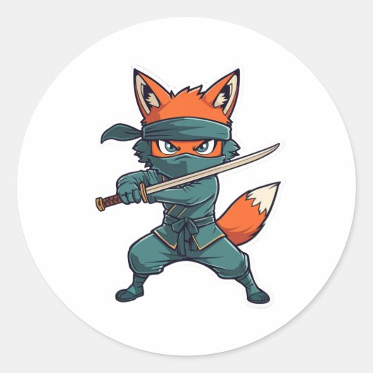 Ninja Fox Sticker – Cute Fox Vinyl Decal ラウンドシール (正面)