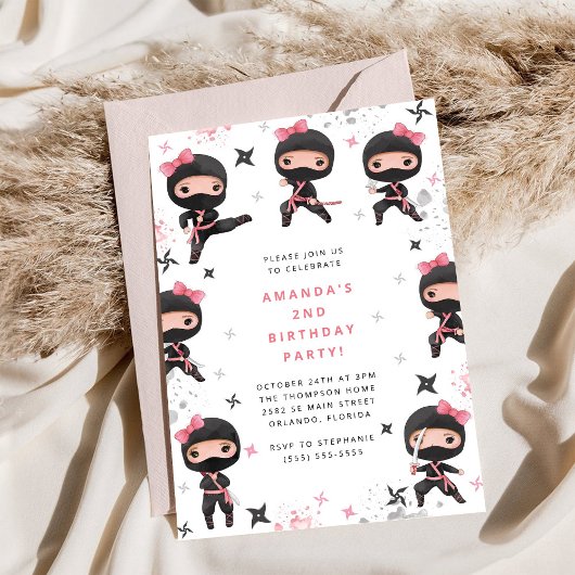 Ninja Girl Birthday Invitation, Cute Pink Karate 招待状