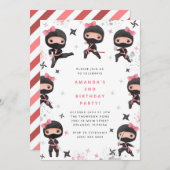 Ninja Girl Birthday Invitation, Cute Pink Karate 招待状 (正面/裏面)