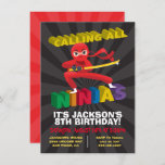 Ninja Warrior Birthday Party 招待状<br><div class="desc">Calling all Ninjas! Bright and colorful Ninja birthday party invitations with a sword yielding red ninja 3D fonts and a sunburst background. Great for a boy or girl. All wording can be changed under the word "NINJAS".</div>