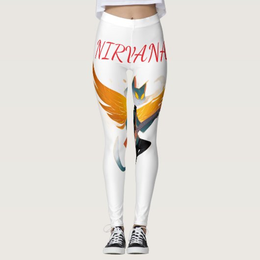 Nirvana Cat with Guitar & Wings – Women’s White Le レギンス (正面)