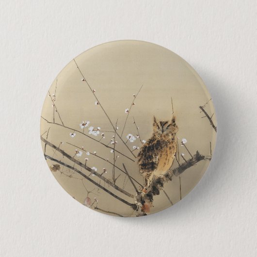 Nishimura Goun の早咲きの梅の花、ヴィンテージのフクロウ 缶バッジ (正面)