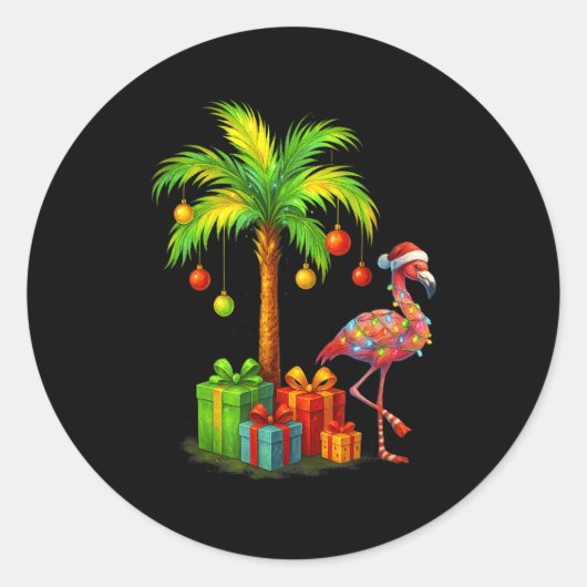 Nk Flamingo Christmas Palm Tree Trocal Xmas  ラウンドシール (正面)