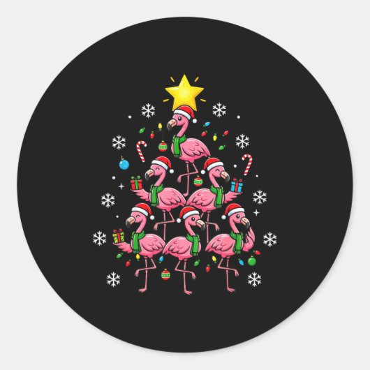 Nk Flamingo Christmas Tree With Santa Hats &amp; H ラウンドシール (正面)
