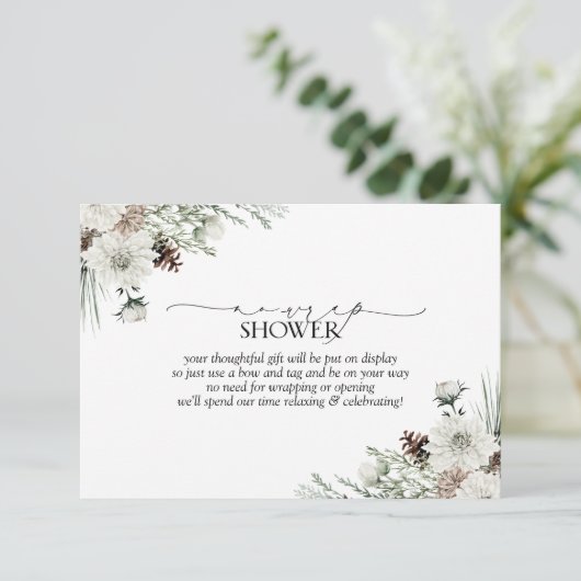 Noエレガント Wrap冬季エバーグリーンブライダルシャワー エンクロージャーカード (スタンド正面)