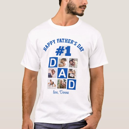 No.1パパ6フォトコラージュHappy Father's Day Blue Tシャツ (正面)