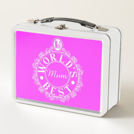 No.1世界のムーム最高のエンブレムホワイトクラシックオンピンク メタルランチボックス (正面)