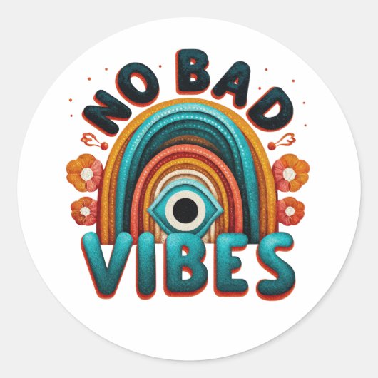 No Bad Vibes. Retro Rainbow and Eye Desig T-Shirt ラウンドシール (正面)