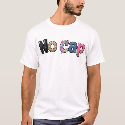 "No Cap" ミックススタイル レザー ゴールドジュエリー グラフィ Tシャツ (正面)