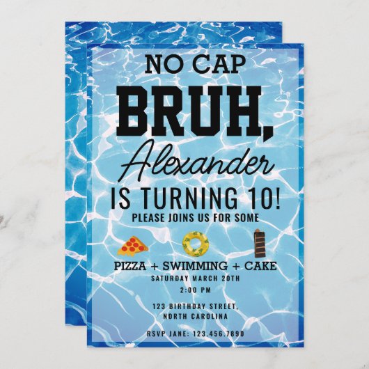 No Cap Bruh、ボーイ10代の若者誕生日ピザプール 招待状 (正面/裏面)