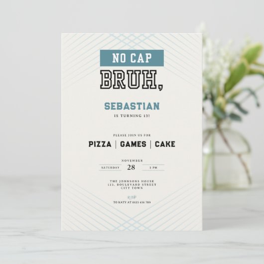 No Cap Bruh 13th Birthday Pizza Games Cake  招待状 (スタンド正面)