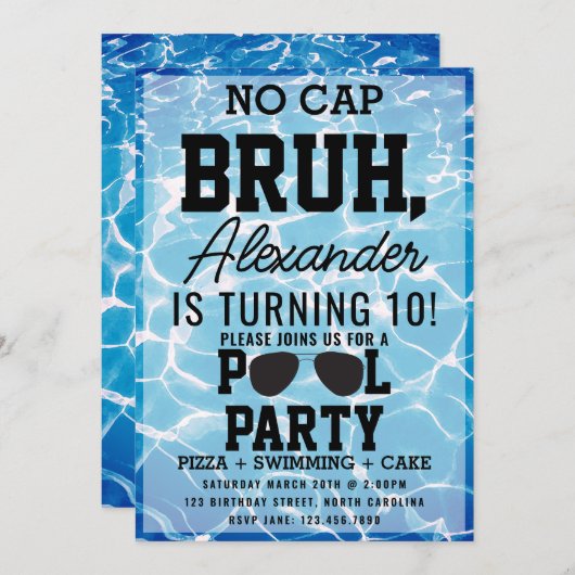 No Cap Bruh Boy Teenager Birthday Pizza Pool Party 招待状 (正面/裏面)