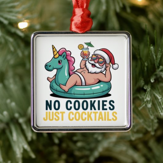 No Cookie Just Cocktails Santa Summer Christmas メタルオーナメント (ツリー)