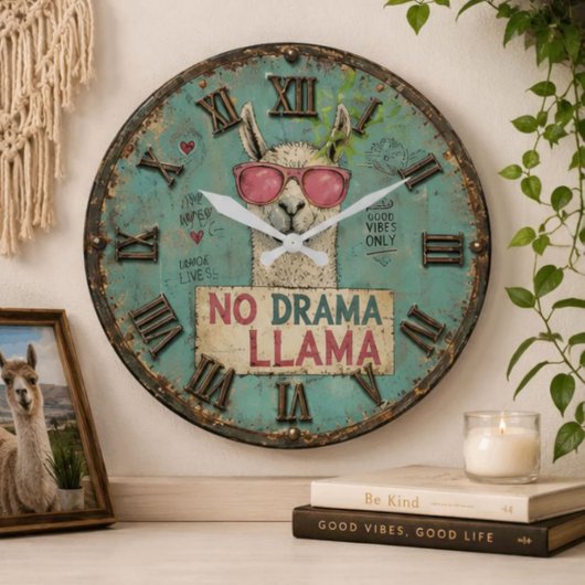 No Drama Funny Llama Cute Boho Nursery ラージ壁時計