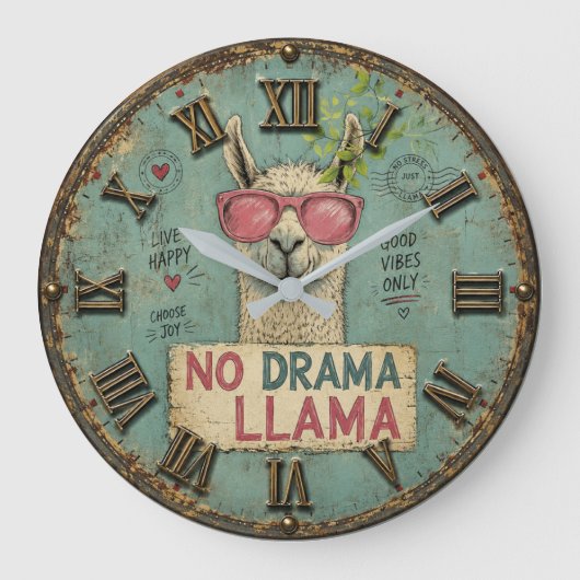 No Drama Funny Llama Cute Boho Nursery ラージ壁時計 (正面)