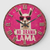 No Drama Llama Funny Pink ラージ壁時計 (正面)