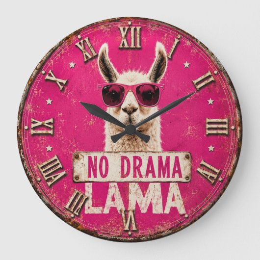 No Drama Llama Funny Pink ラージ壁時計 (正面)