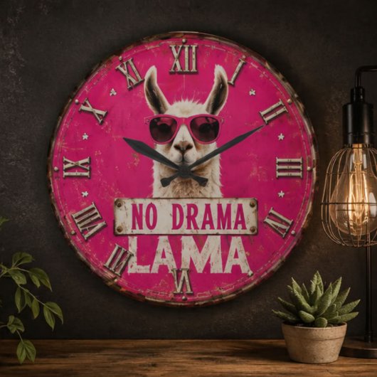 No Drama Llama Funny Pink ラージ壁時計