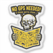 No GPS Needed Sticker — Funny Biker Skull Map Deca シール (正面)