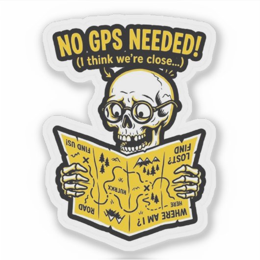 No GPS Needed Sticker — Funny Biker Skull Map Deca シール (正面)