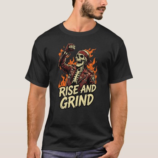 No Guts No Glory Skull Biker Rise And Grind Fire Tシャツ (正面)