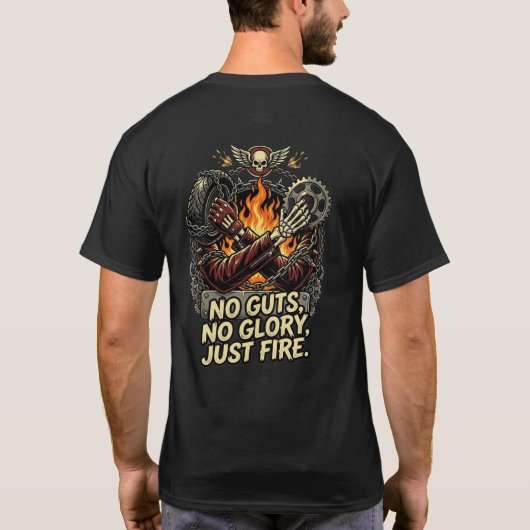 No Guts No Glory Skull Biker Rise And Grind Fire Tシャツ (裏面)