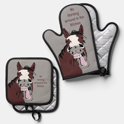 No Horsing のまわりに in theキッチンおもしろい引用文 鍋つかみ&鍋敷きセット (正面/裏面)