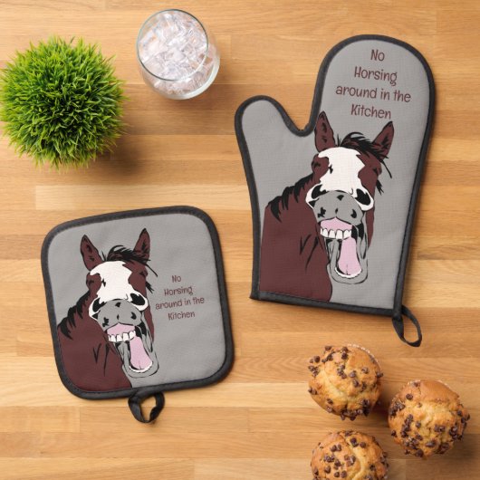 No Horsing のまわりに in theキッチンおもしろい引用文 鍋つかみ&鍋敷きセット (トップダウン)