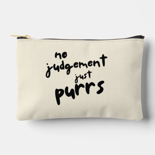 'No Judgement, Just Purrs' 黒タイポグラフィペット アクセサリーポーチ (正面)