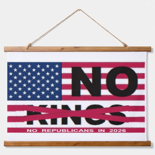 "NO kings" Wood Topped Wall Tapestry 吊り下げ型タペストリー (正面)