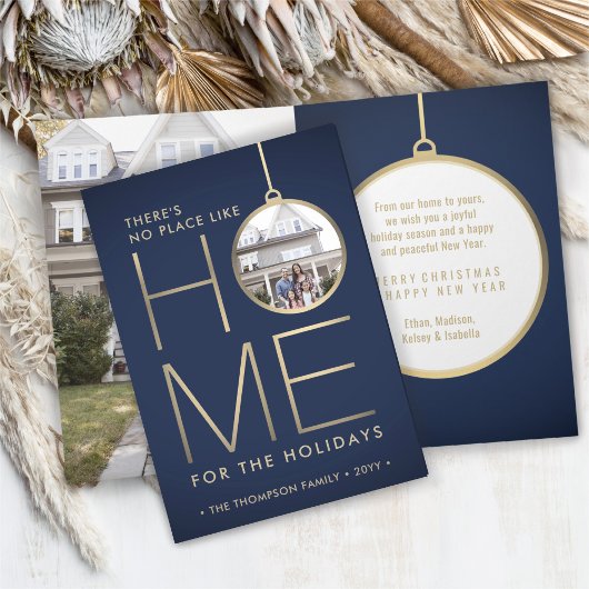 No Place Like Home 2フォトクリスマスブルー折り畳み シーズンカード
