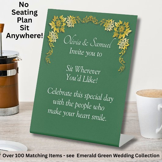 No Seating Chart - Wedding Emerald Green & Gold 台座サイン
