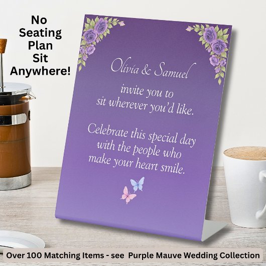 No Seating Chart - Wedding Purple Mauve Flowers 台座サイン