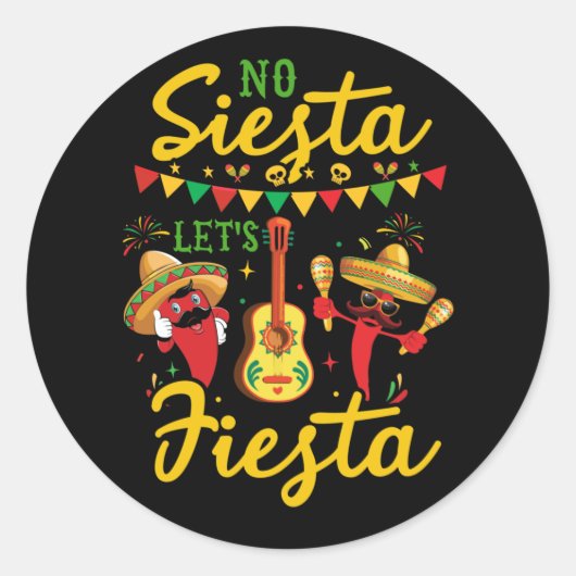 No Siesta Let's Fiesta Mexican Maracas Sombrero ラウンドシール (正面)