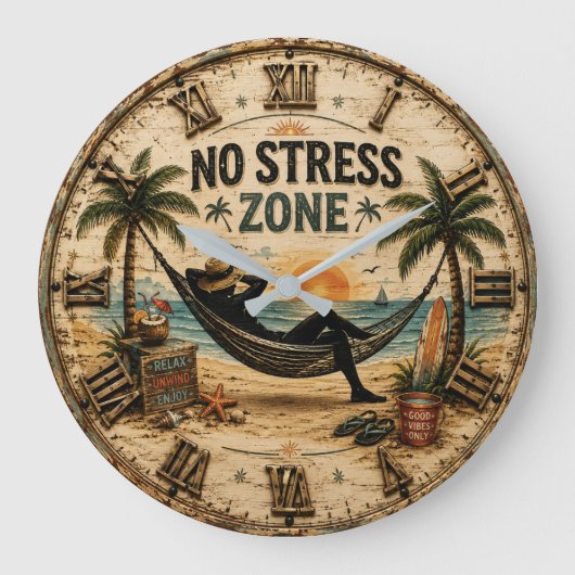 No Stress Zone Beach Coastal Farmhouse ラージ壁時計 (正面)