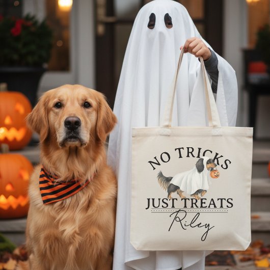 No Tricks Just Treat Funny Pun Ghost Dog Halloween トートバッグ