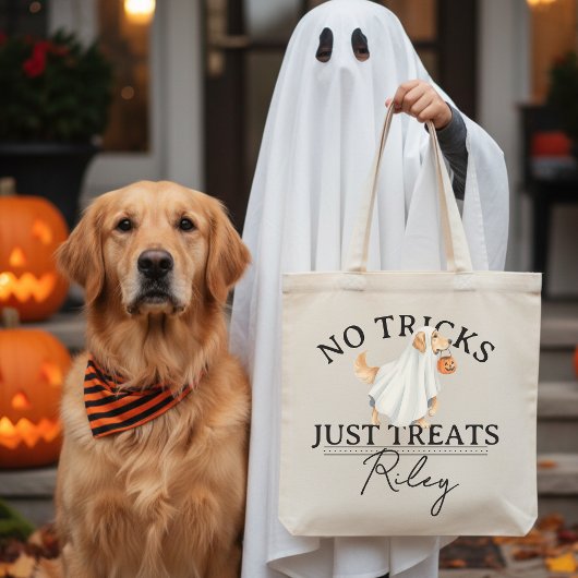 No Tricks Just Treat Funny Pun Ghost Dog Halloween トートバッグ