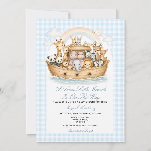 Noah’s Ark Baby Shower Invitation Boy Gingham 招待状 (正面)