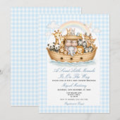 Noah’s Ark Baby Shower Invitation Boy Gingham 招待状 (正面/裏面)