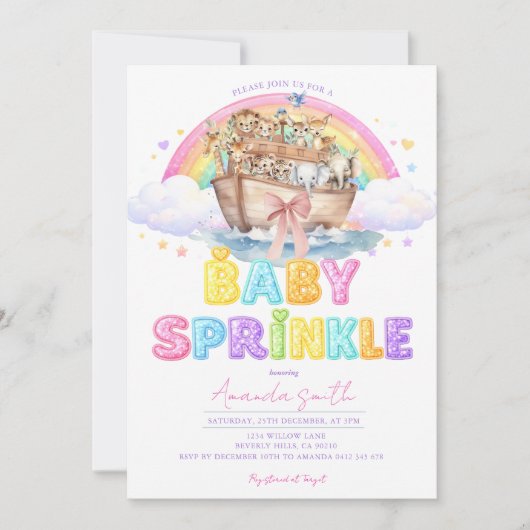 Noah’s Ark Baby Sprinkle Glitter Rainbow  招待状 (正面)